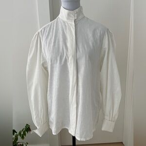 JAEGER Vintage Cotton Blouse Button Front Balloon Sleeve High Neck Victorian